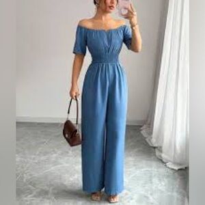 Haute Monde Blue Off-Shoulder Jumpsuit